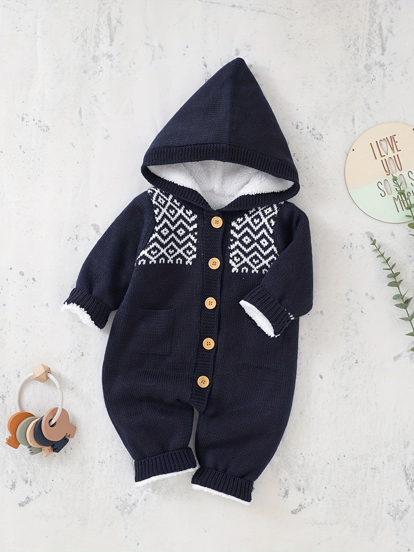 Newborn Boys And Girls Knitted Jumpsuit With Long Sleeve Hooded Pants Jumpsuit