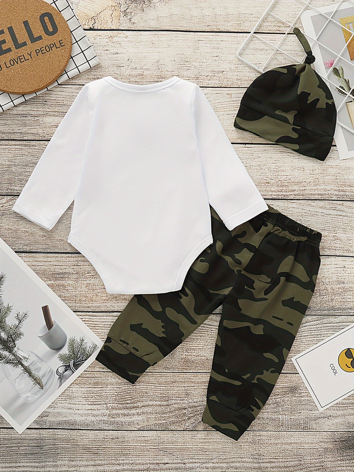 Baby Boys Long Sleeve Letters Print Triangle Romper & Camo Pattern Pants &