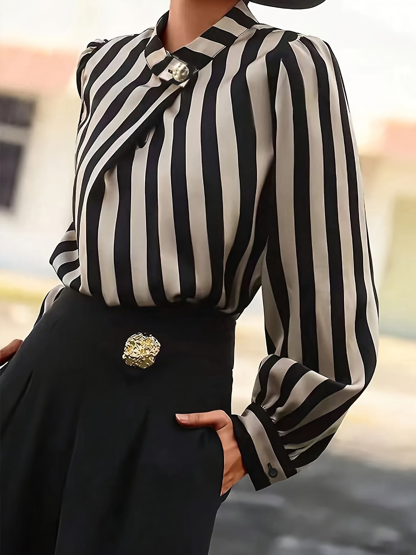 Women’s Elegant Striped Printed Shirt with Small Collar and Button Detail | Product Universal