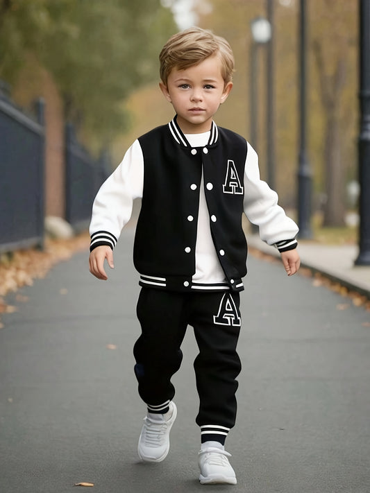 Boys' 2pcs Casual Polyester Knit Baseball Suit with Long Sleeve Crew