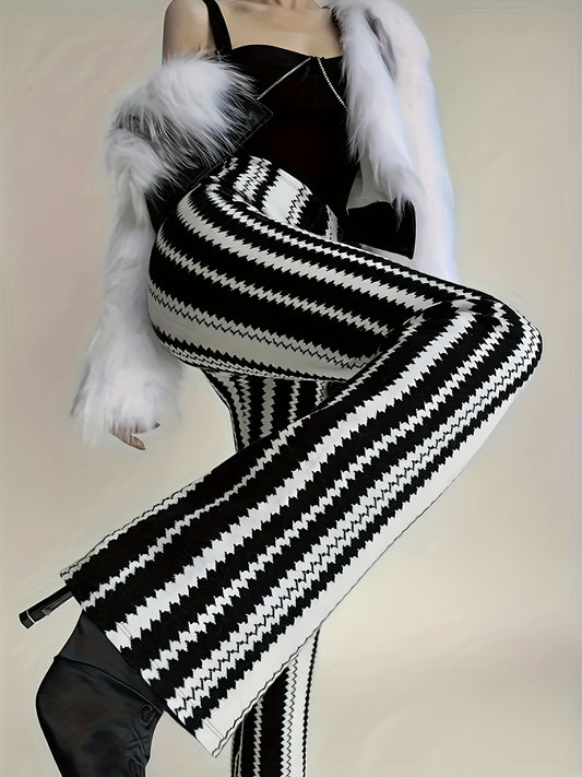 Elegant Black & White Striped Flare Pants for Women  | Product Universal