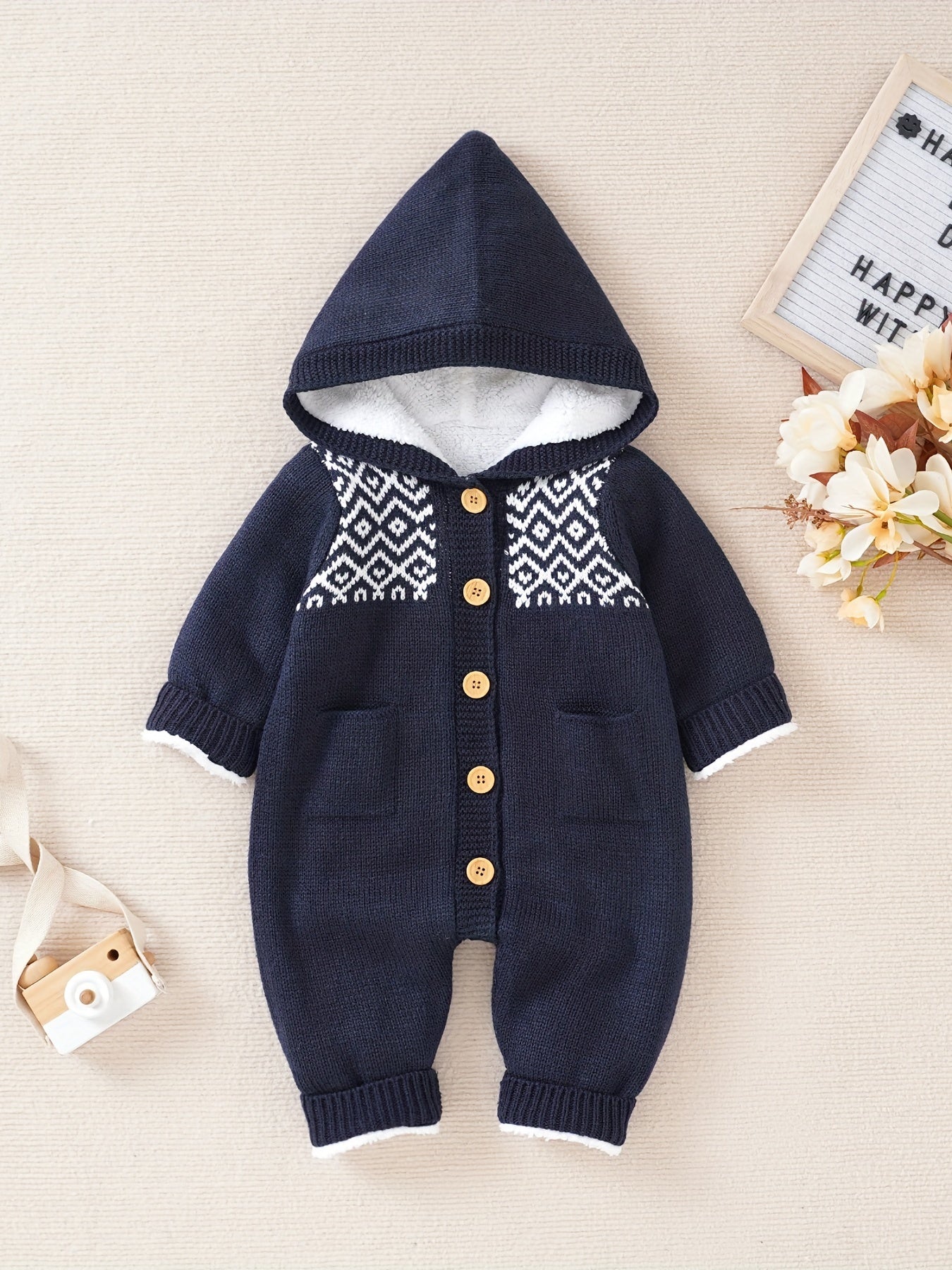 Newborn Boys And Girls Knitted Jumpsuit With Long Sleeve Hooded Pants Jumpsuit