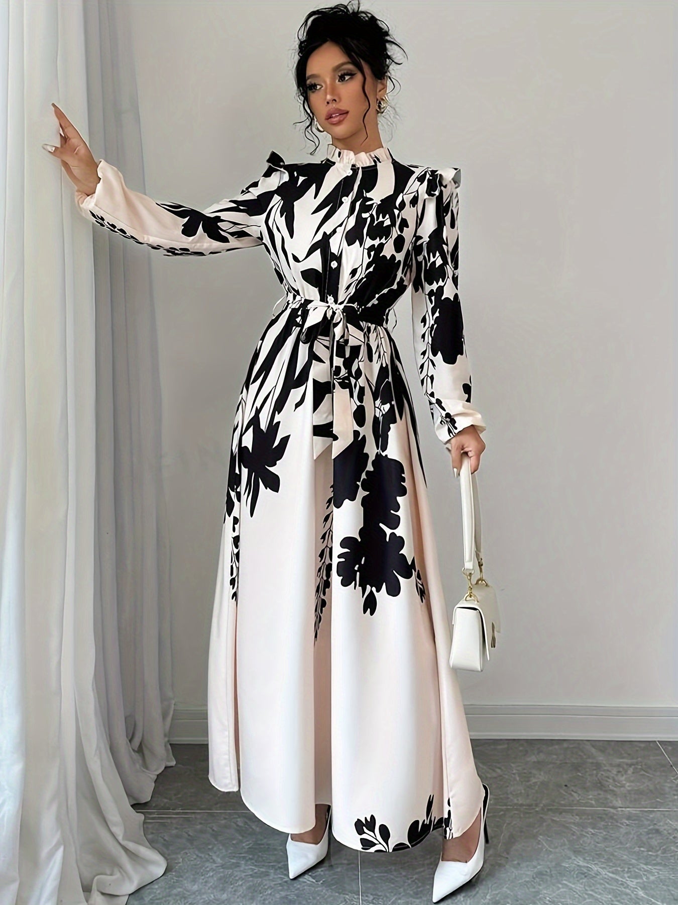 Elegant Floral Print Long Sleeve Dress.