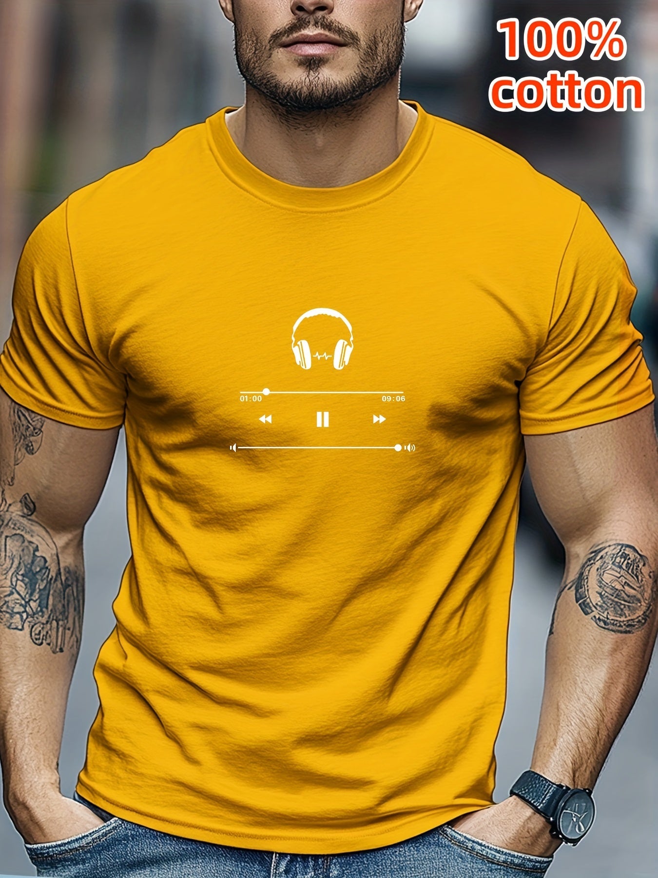 Men's Cotton T-Shirt with Headphones Music Design.