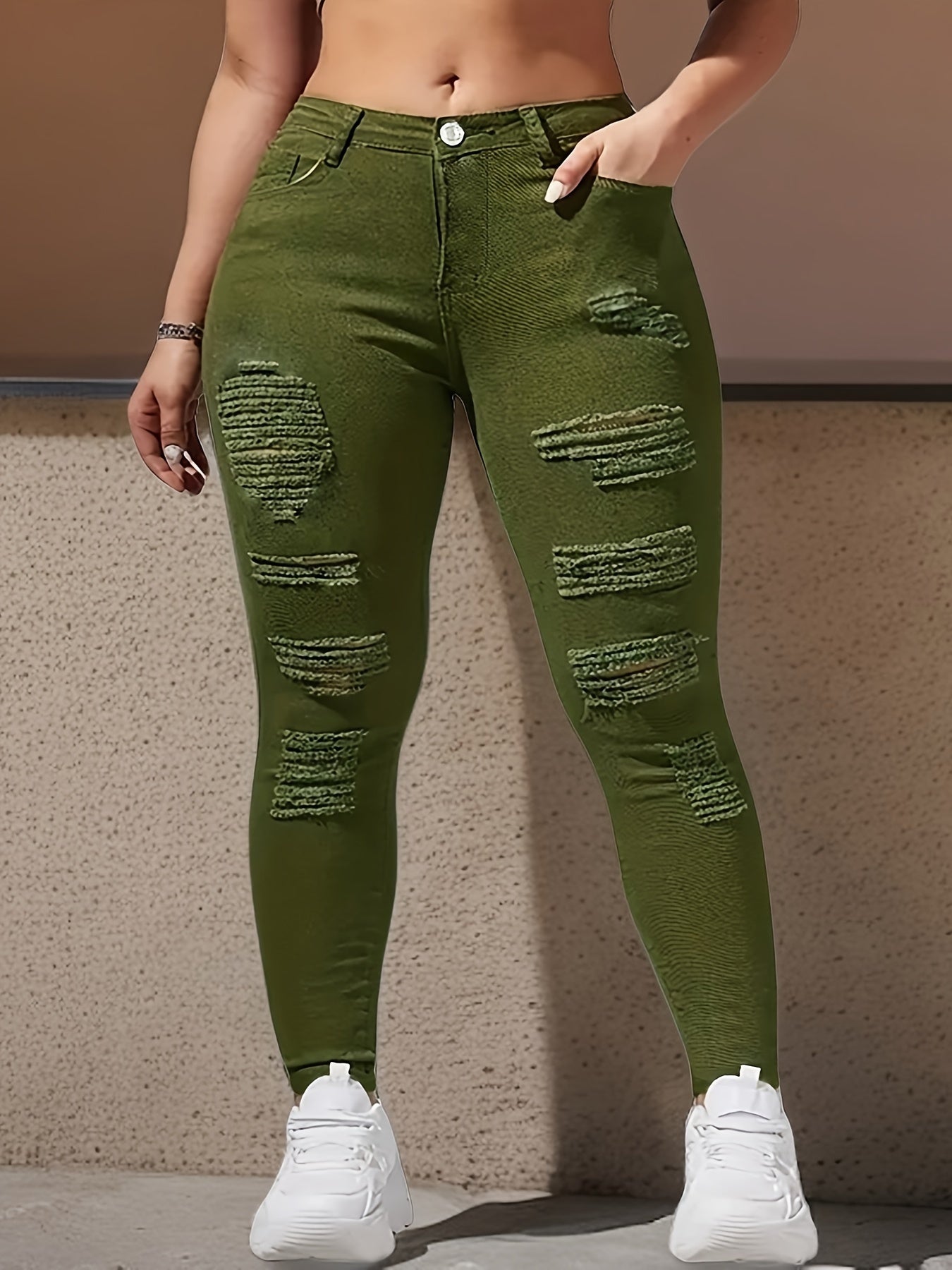 Ripped Distressed Plain Green Skinny Fit Stretchy Denim Pants | Product Universal