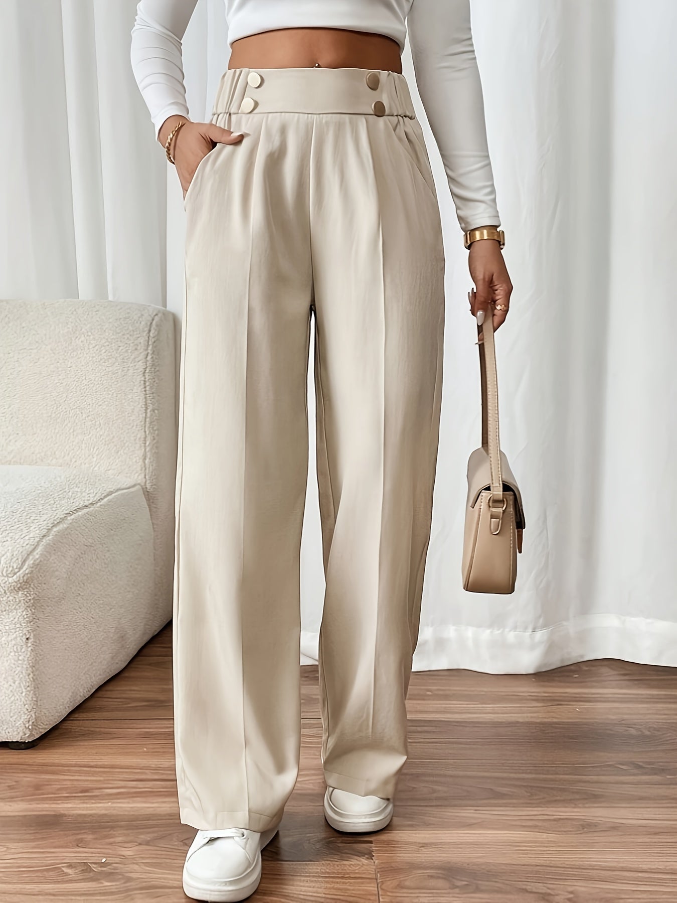 Elegant High-Waist Straight-Leg Pants Versatile Solid Color  | Product Universal