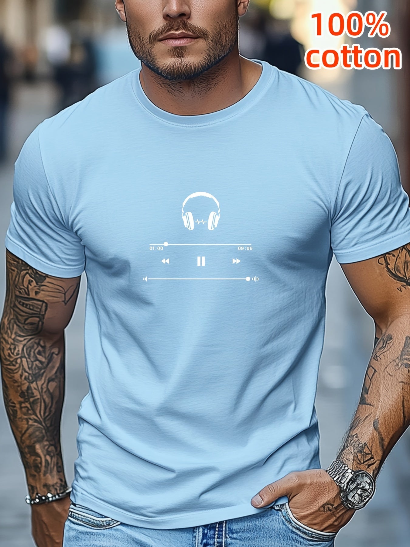 Men's Cotton T-Shirt with Headphones Music Design.