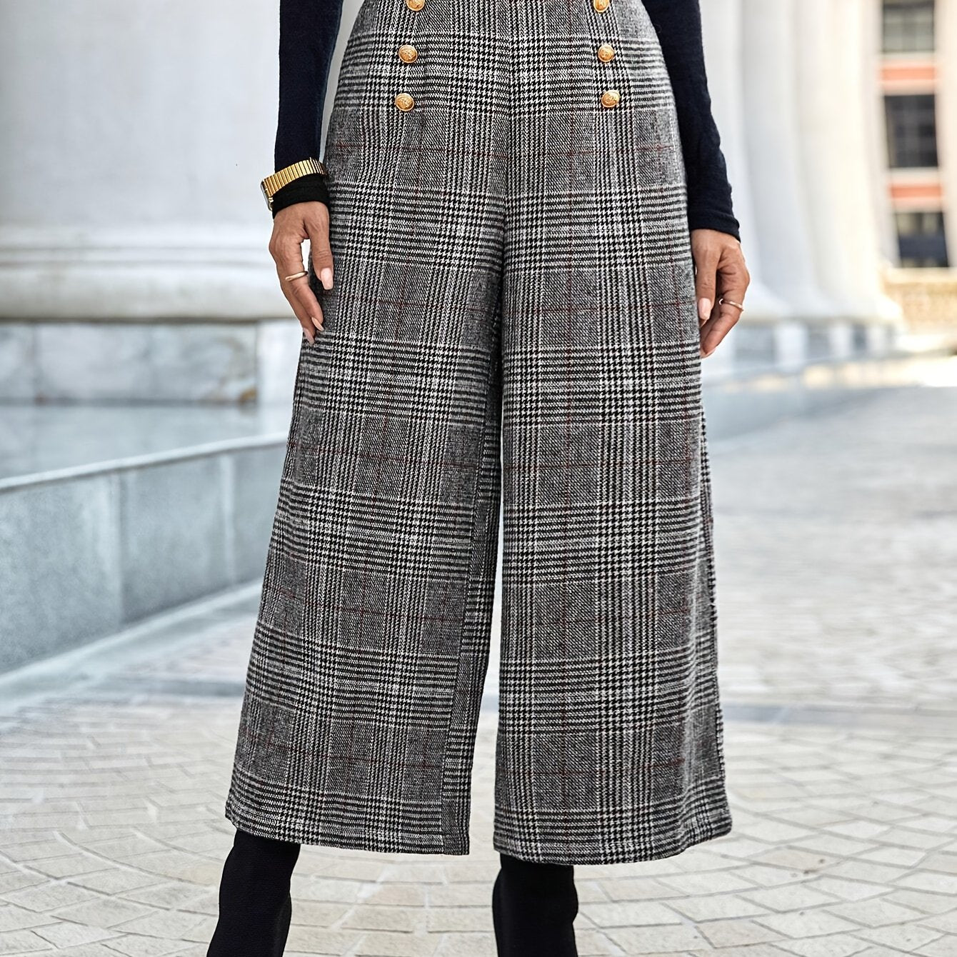 Plaid Button-Decor High-Waist Pants  Elegant Wide-Leg Pants  | Product Universal