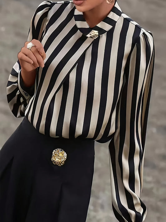 Women’s Elegant Striped Printed Shirt with Small Collar and Button Detail | Product Universal