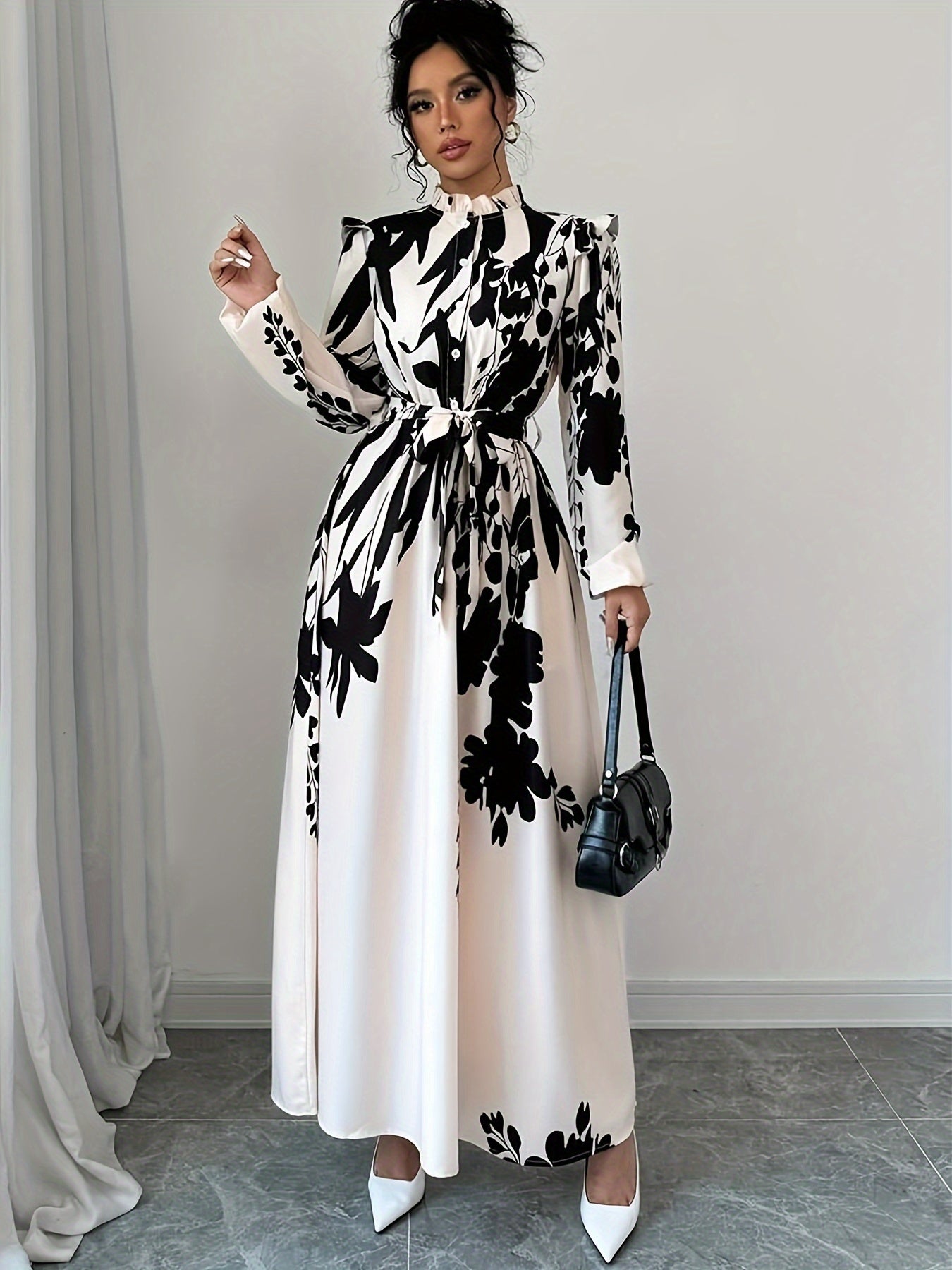 Elegant Floral Print Long Sleeve Dress.