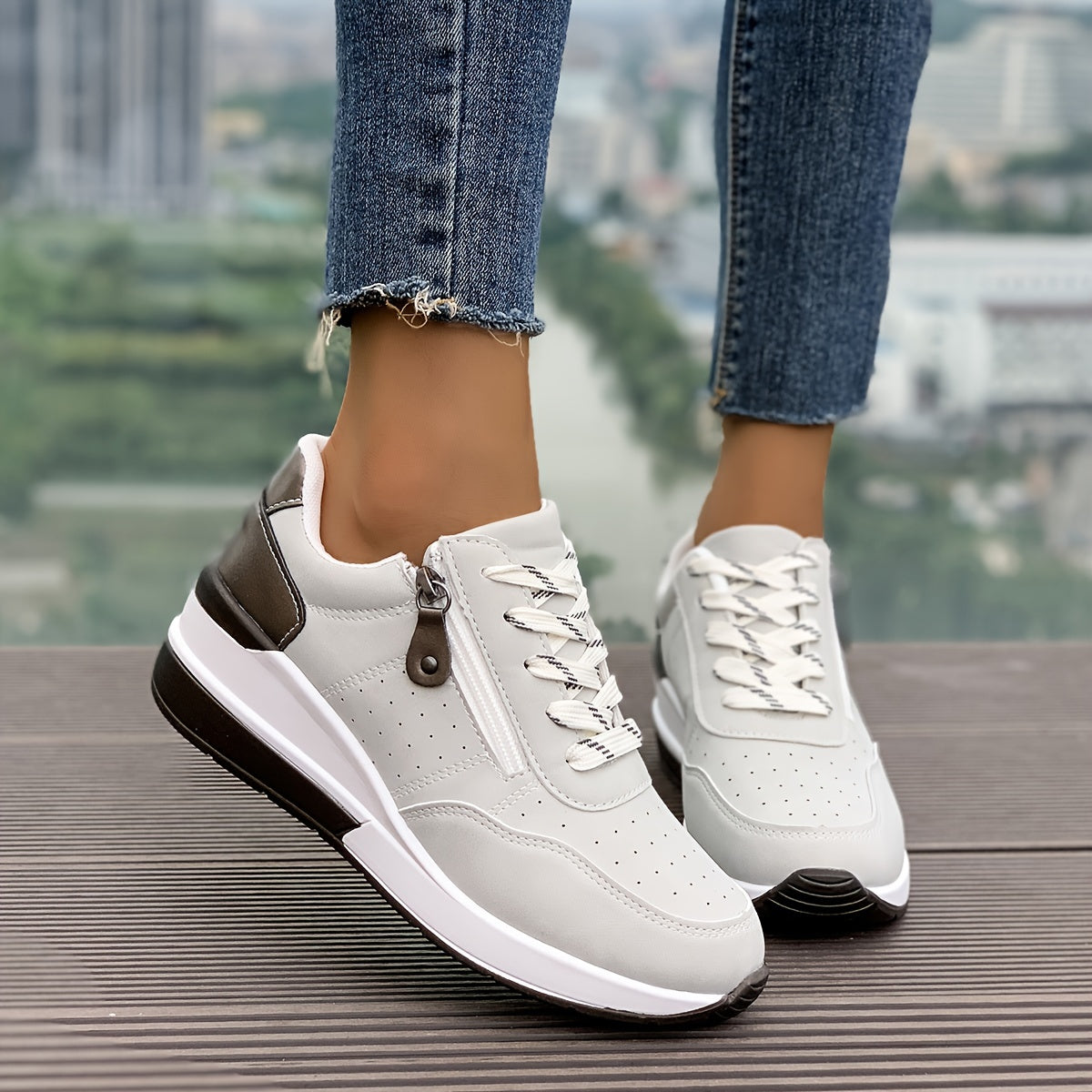 Women's Chunky Sneakers, Lace Up & Side Zipper