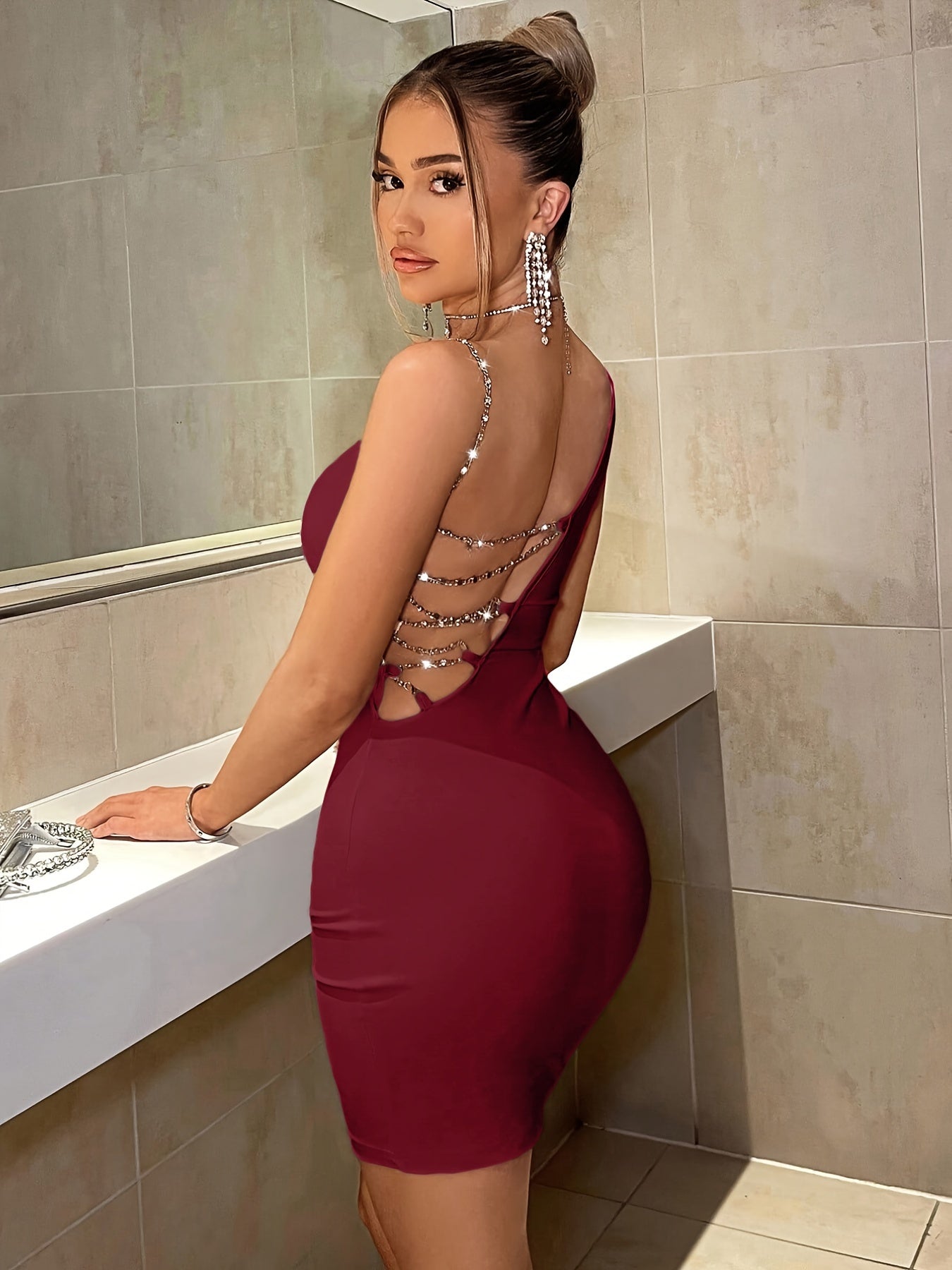 One Shoulder Bodycon Chain Dress,