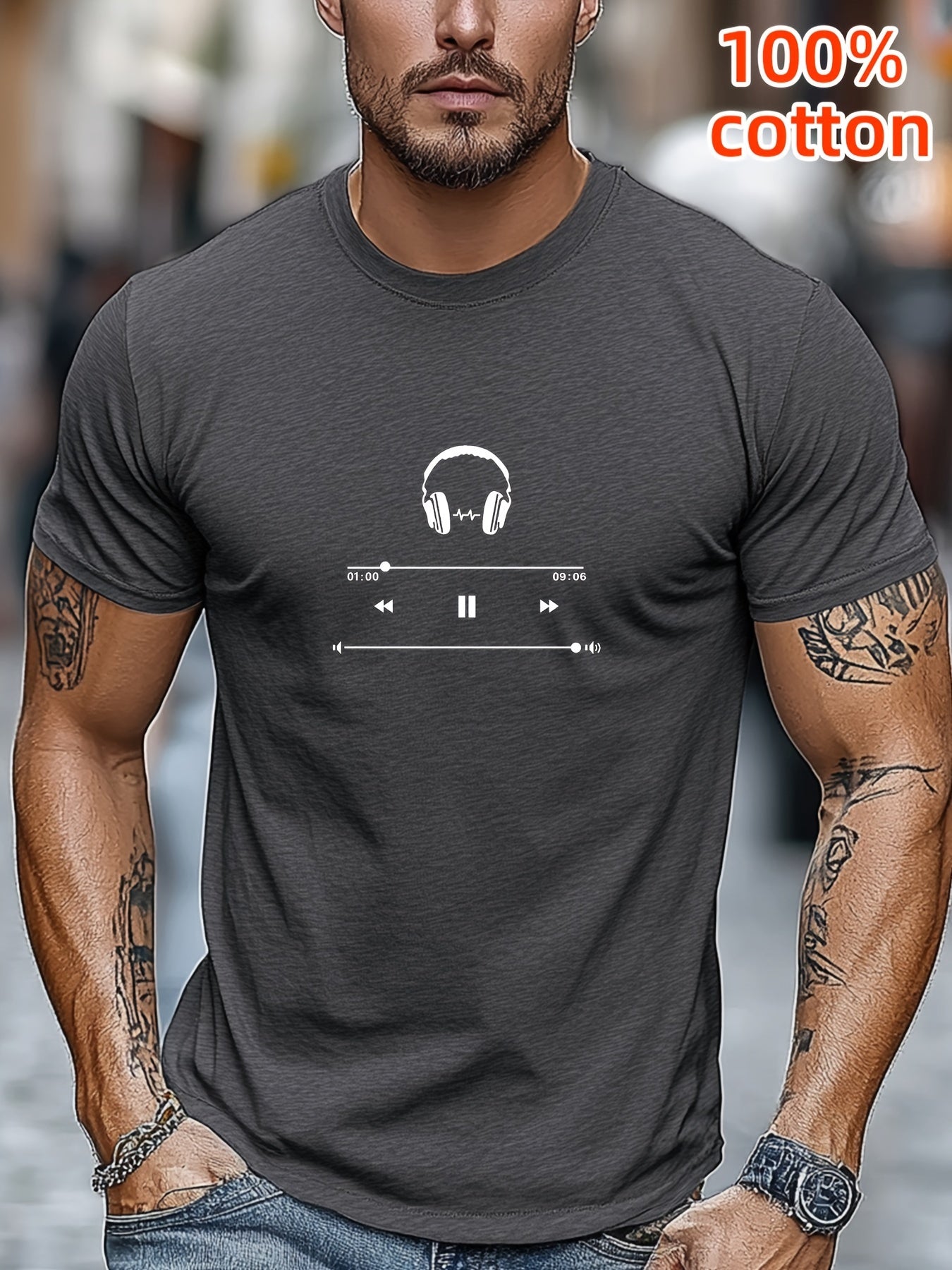 Men's Cotton T-Shirt with Headphones Music Design.