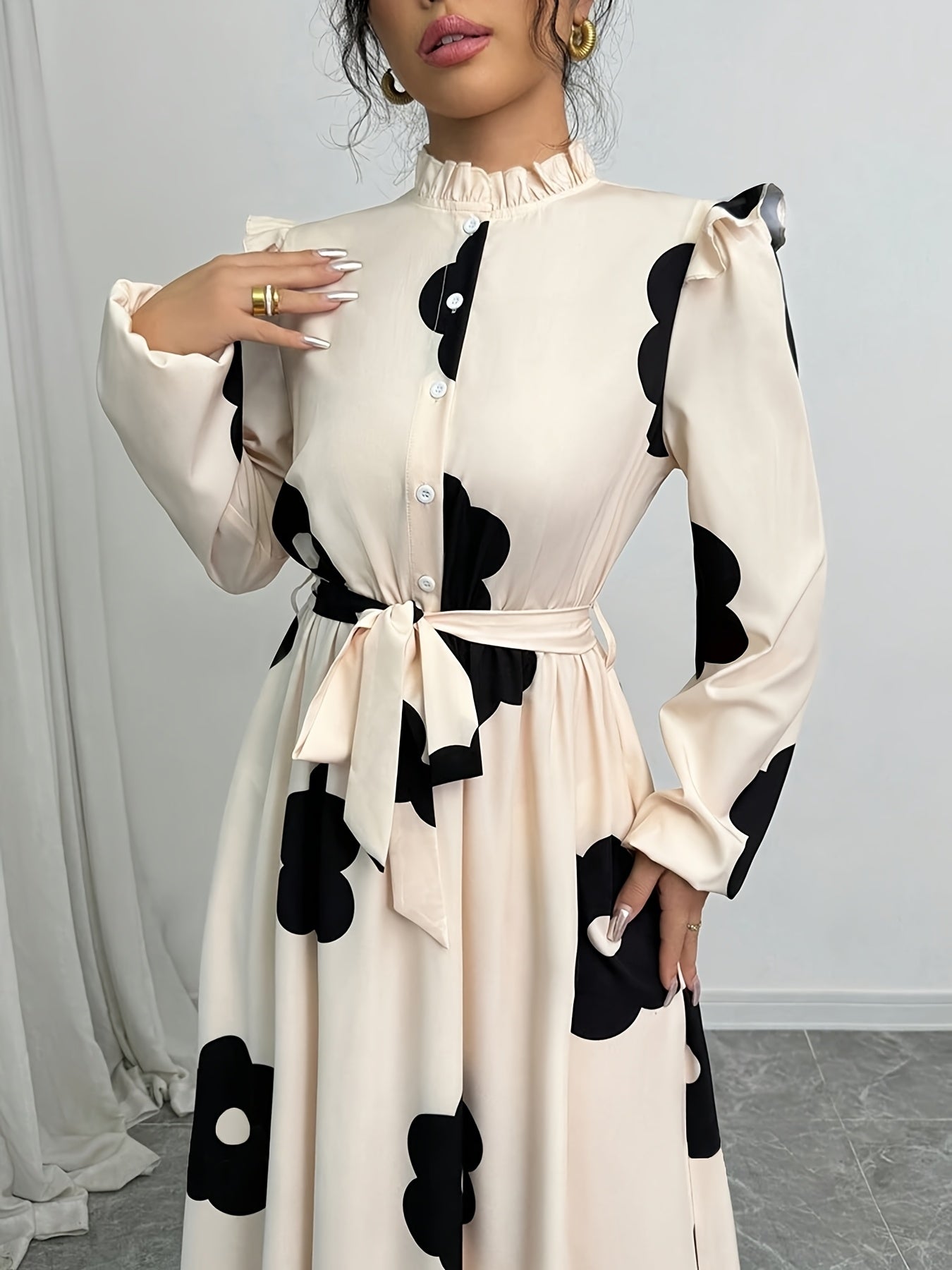 Elegant Floral Print Long Sleeve Dress.