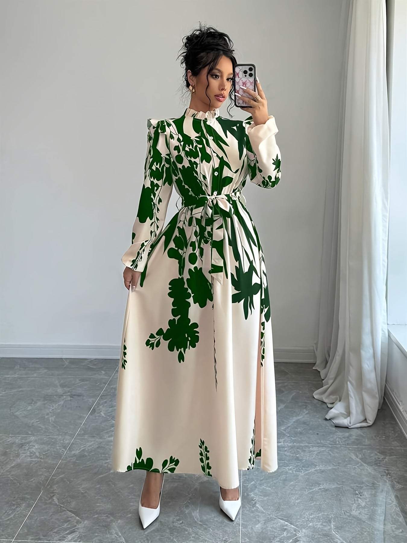 Elegant Floral Print Long Sleeve Dress.