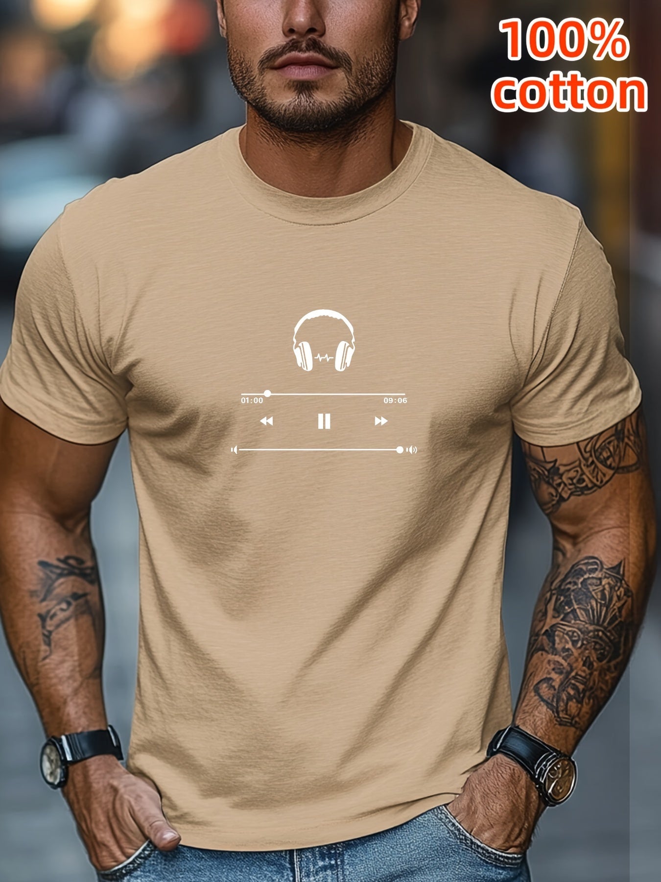 Men's Cotton T-Shirt with Headphones Music Design.