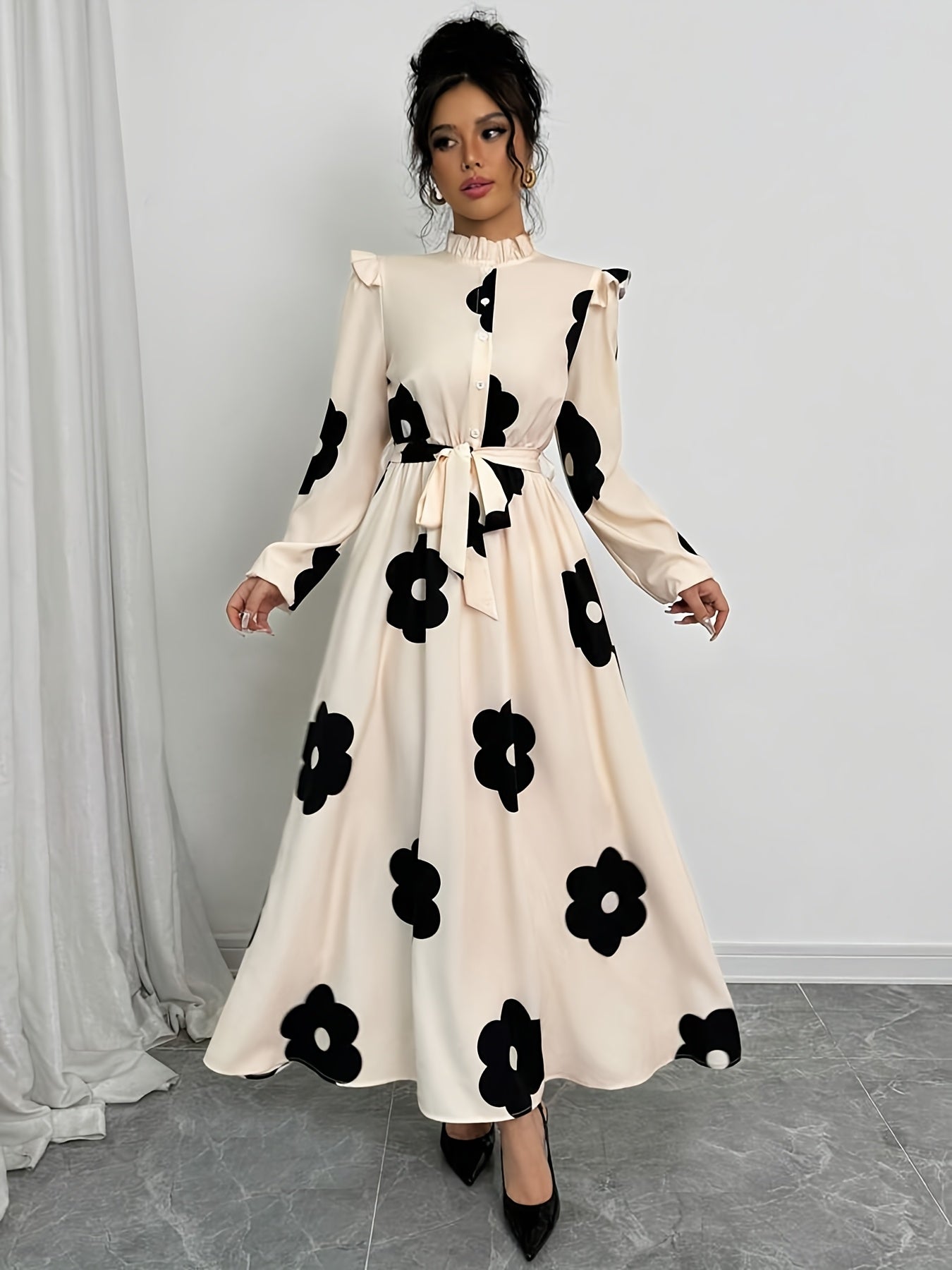 Elegant Floral Print Long Sleeve Dress.