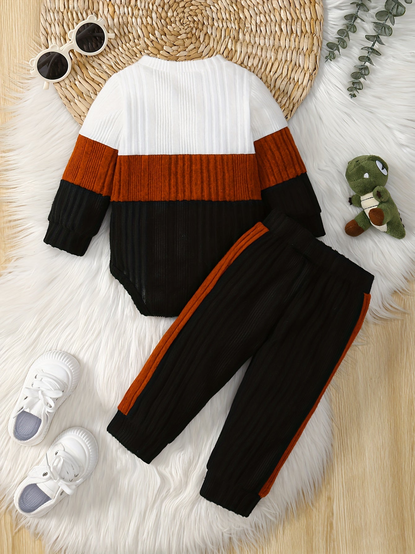 2pcs Cute Dinosaur Embroidered Striped Color Block Long Sleeve Bodysuit and Faux Drawstring Jogger Pants Set,