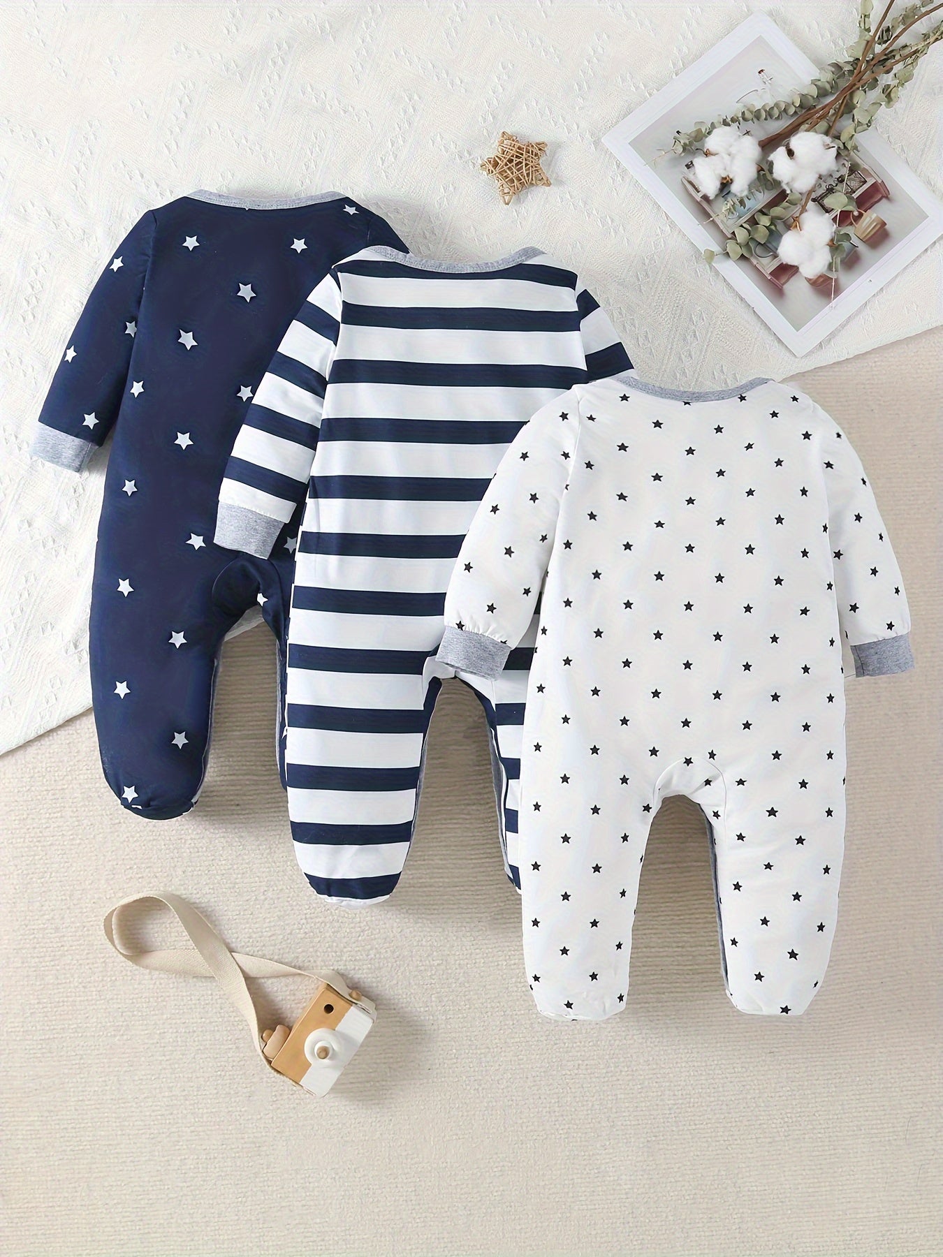 Baby Boys Star Printed Footed Bodysuit 3 Piece Outdoor Set