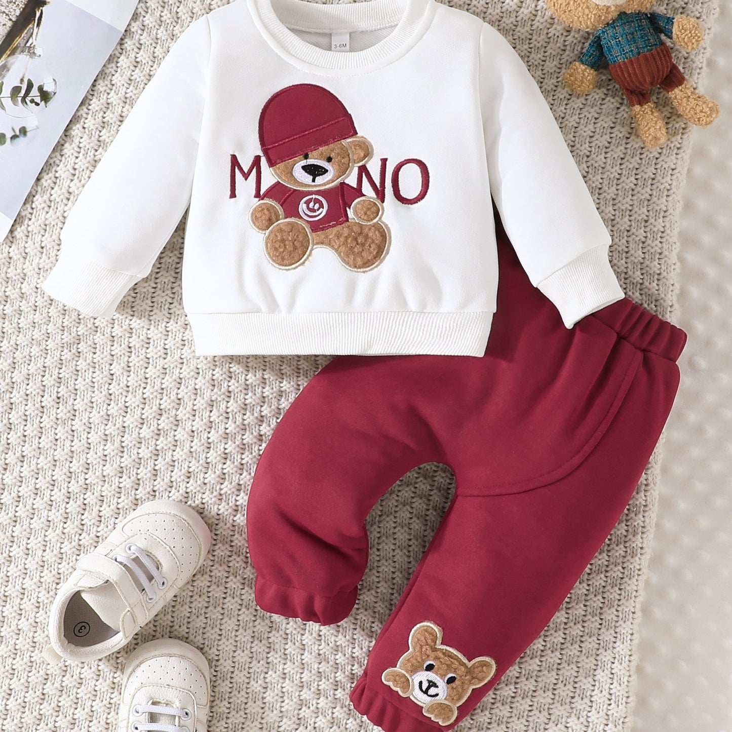 Baby  Cute Little Bear Print Sweatshirt Set, Long Sleeve Round Neck Top