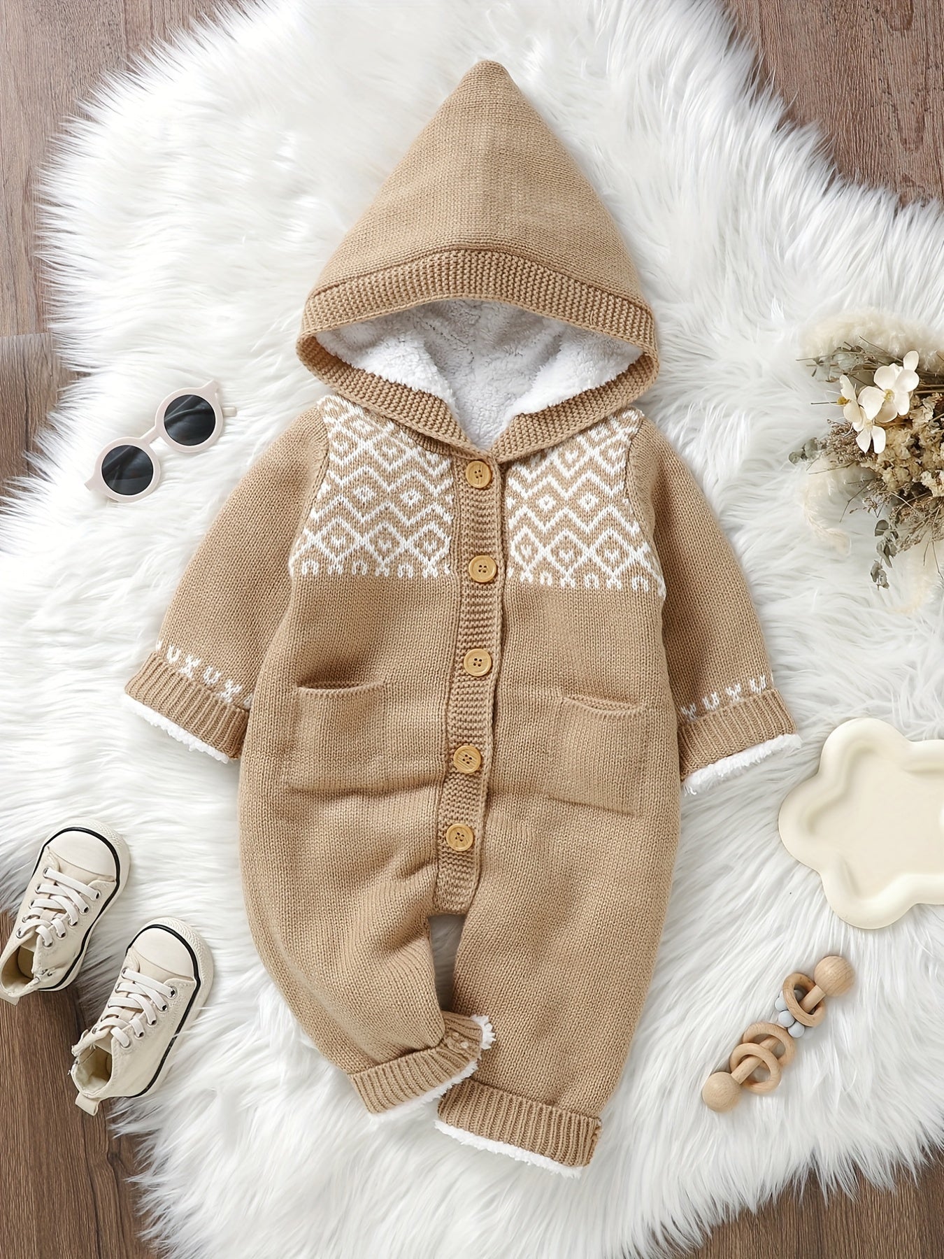 Newborn Boys And Girls Knitted Jumpsuit With Long Sleeve Hooded Pants Jumpsuit