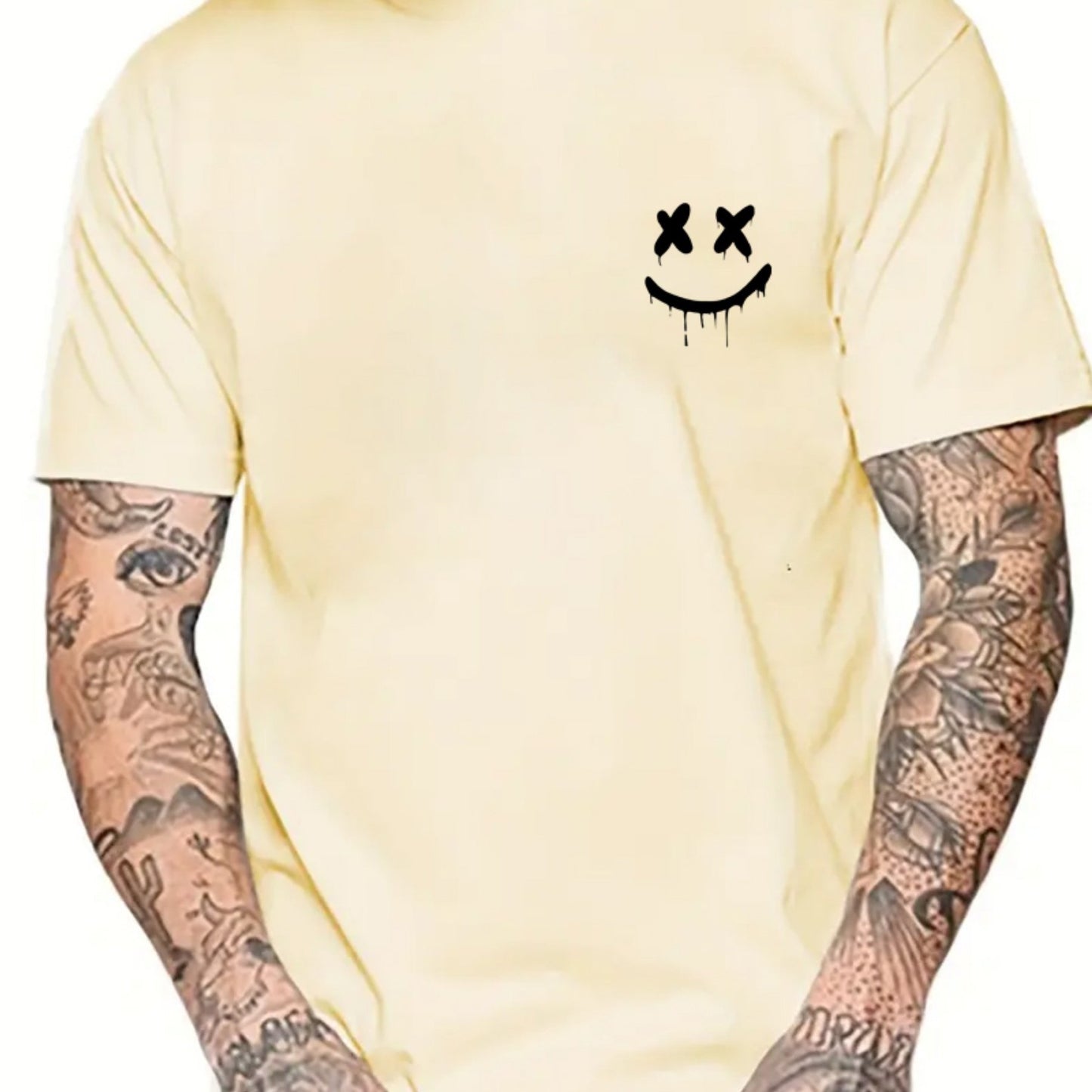 Smile Face Graphic Print Men's Creative Top, Casual Short Sleeve Crew Neck T-shirt, Men's Clothing .