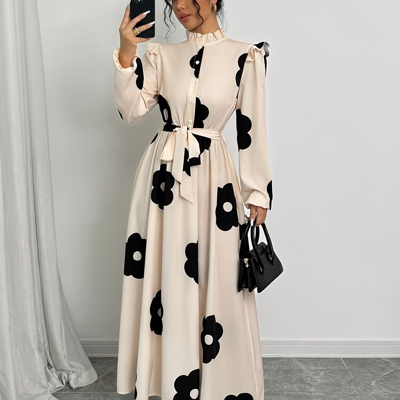 Elegant Floral Print Long Sleeve Dress.