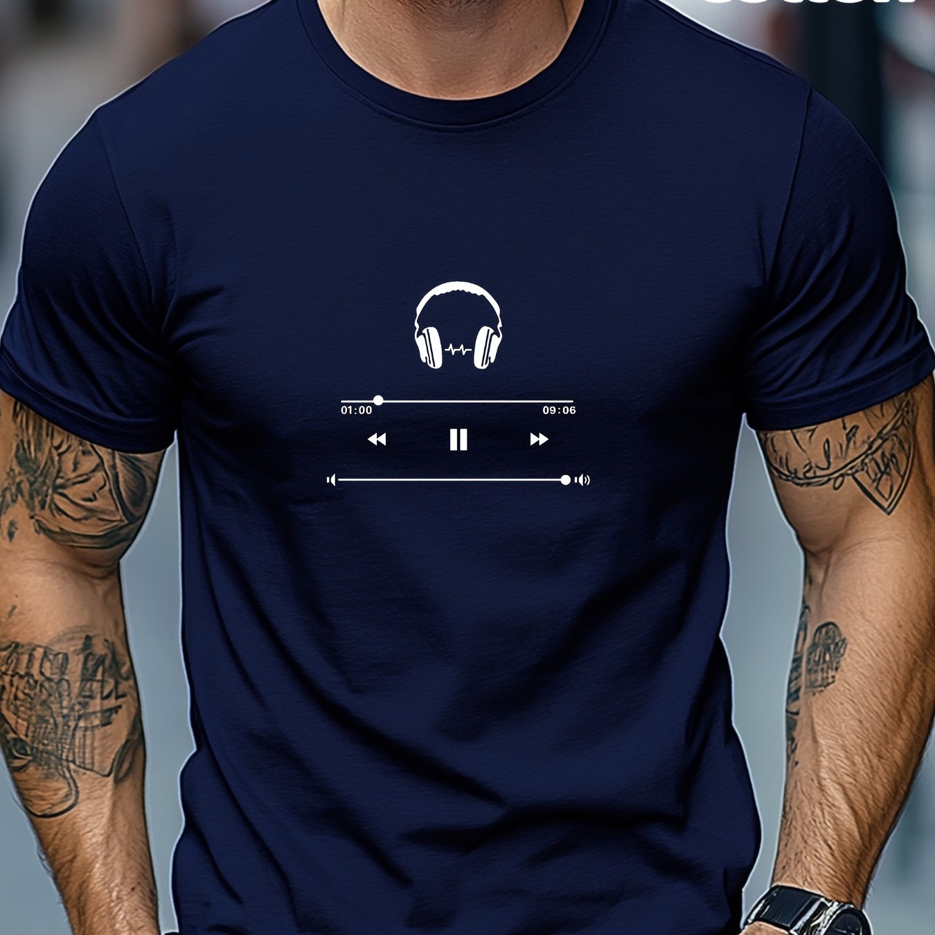 Men's Cotton T-Shirt with Headphones Music Design.