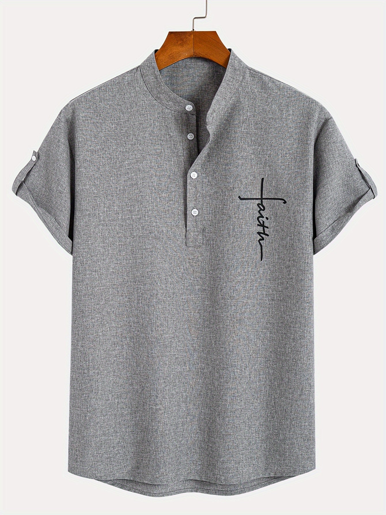 Men's Letter Print "FAITH" Short Sleeve Stand Collar Henley Shirt,