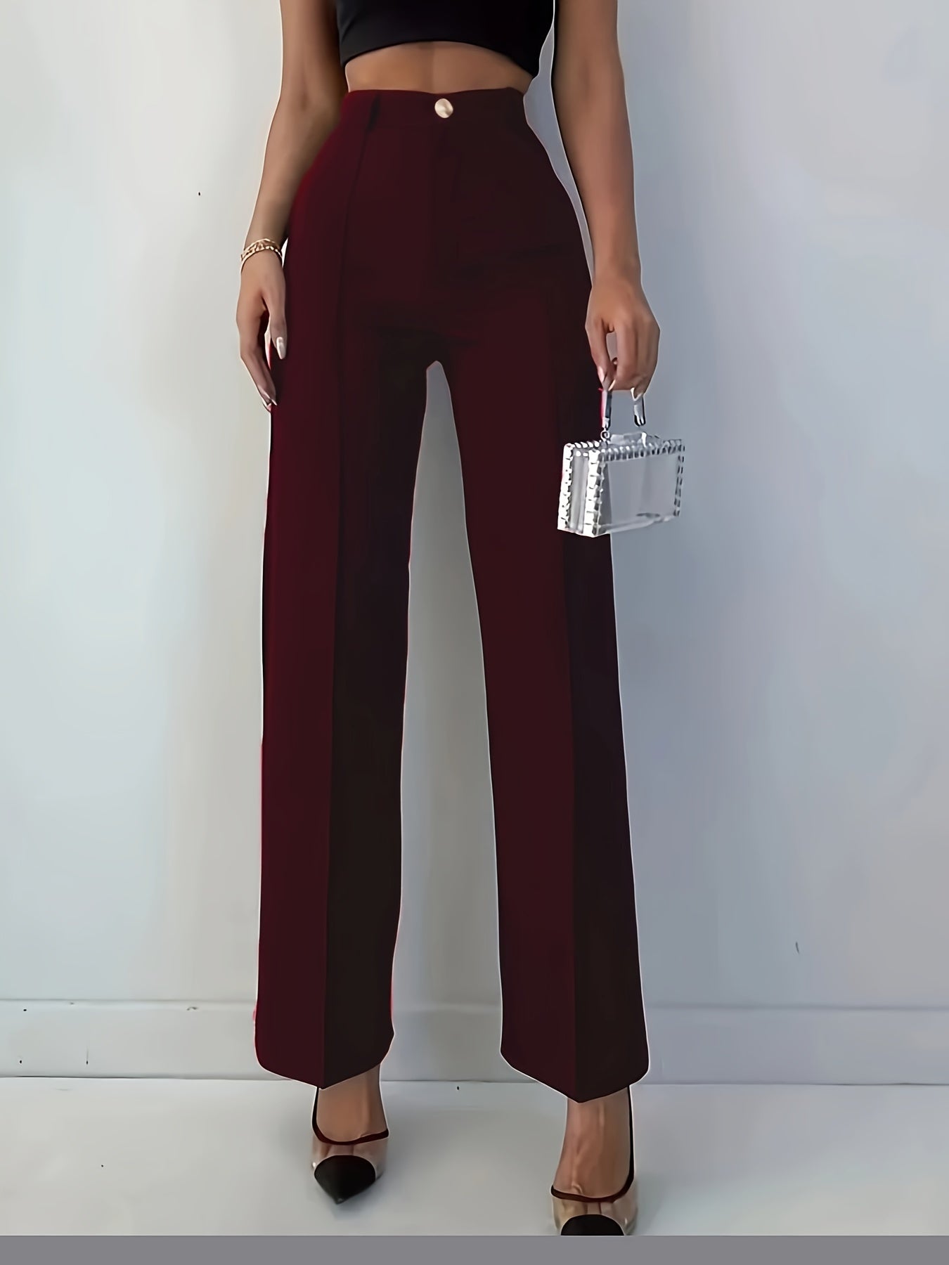 *Solid Color High Waist Straight Leg Pants, Elegant Pants Women's Clothing.