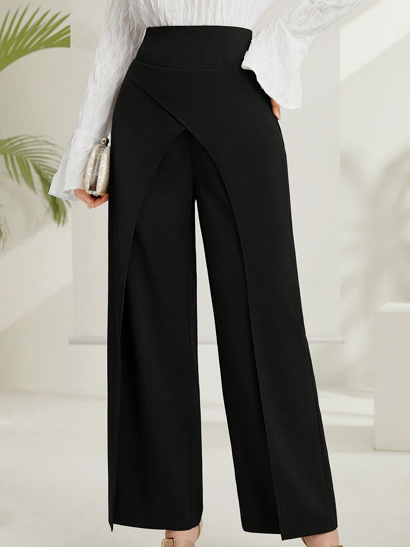 Solid Wide-Leg Layered Pants  | Product Universal