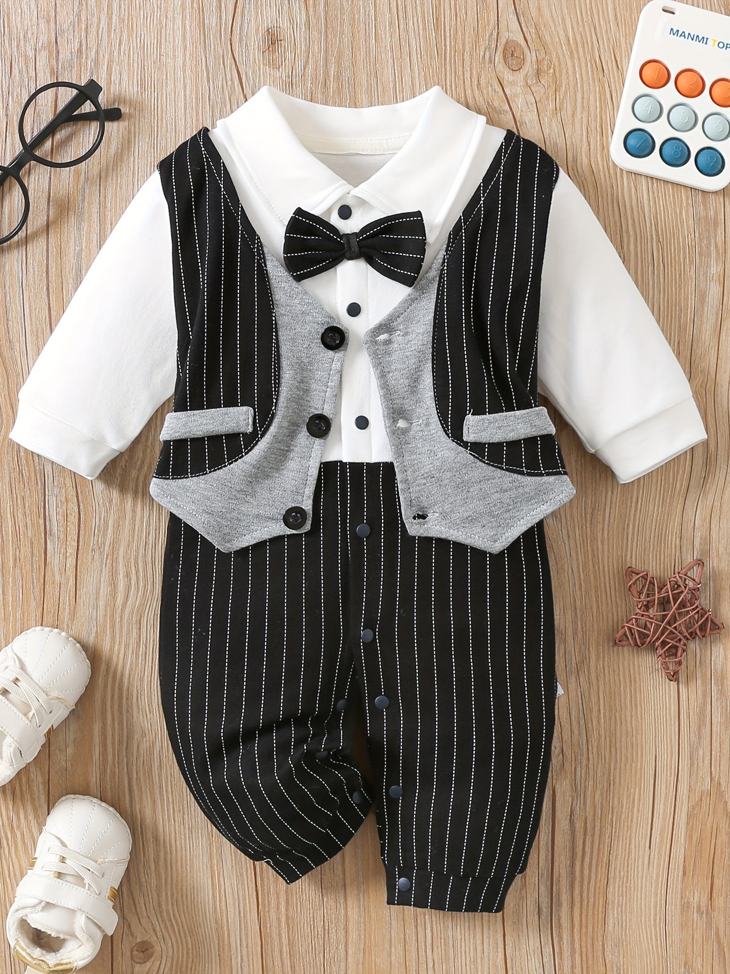 Chic Striped Cotton Romper for Baby Boys - Faux Two-Piece, Perfect for Birthdays &