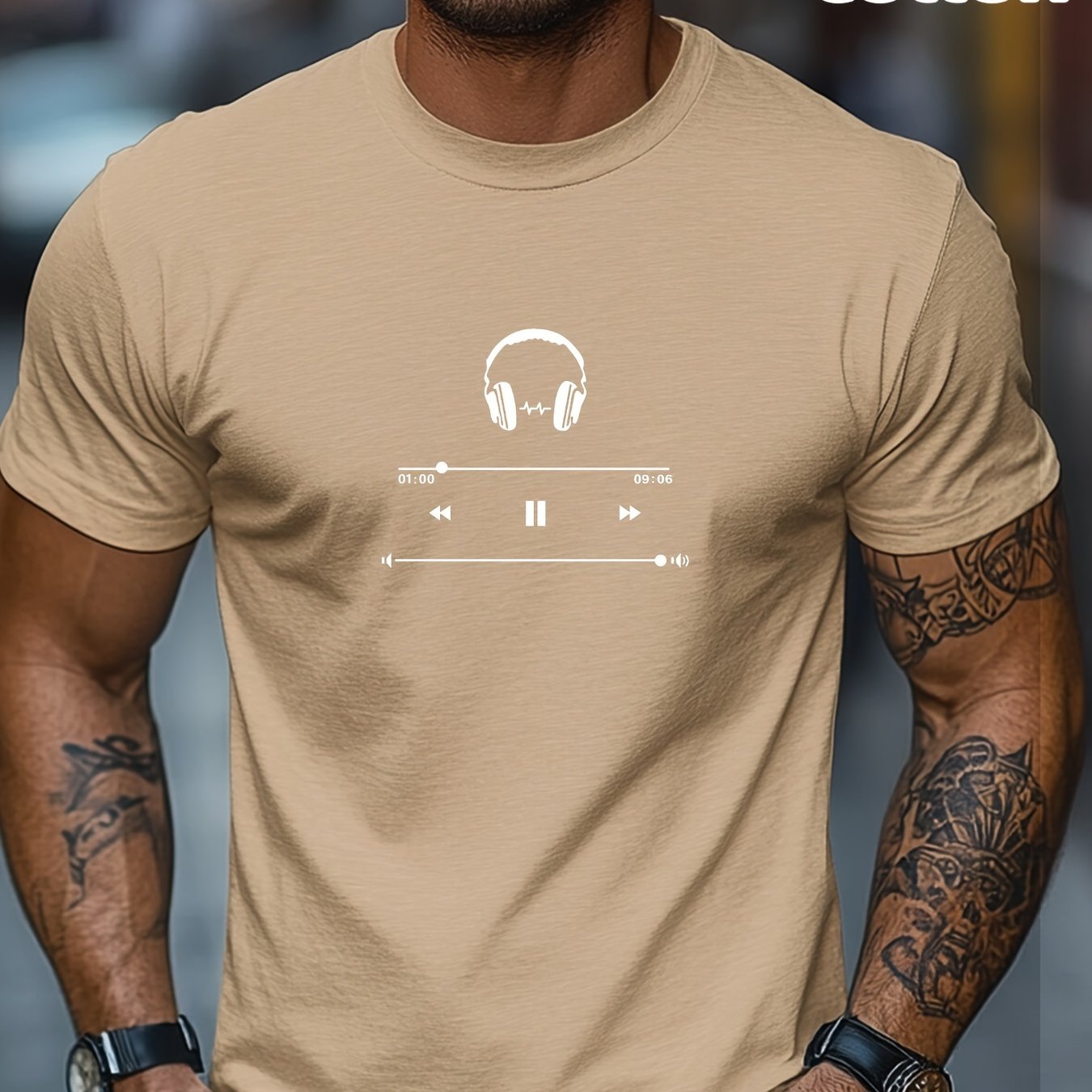 Men's Cotton T-Shirt with Headphones Music Design.