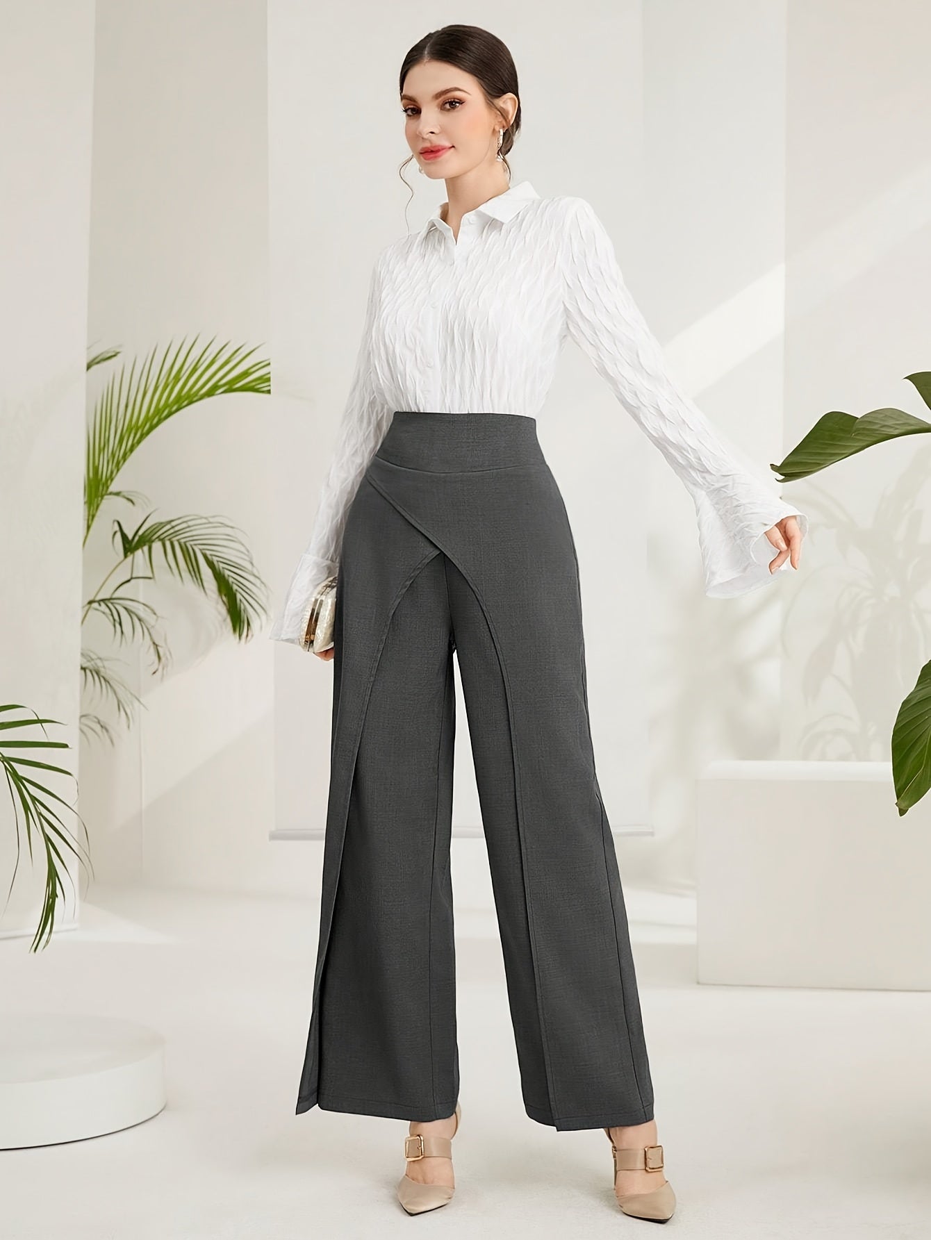 Solid Wide-Leg Layered Pants  | Product Universal