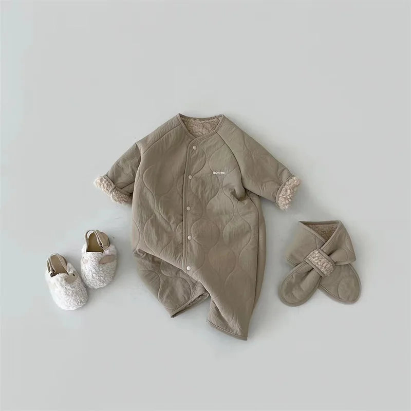 Korean Baby Jumpsuit Scarf Set Autumn Winter Lamb Wool Romper for Boys Girls