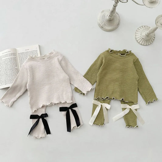 Newborn Baby Long Sleeve Clothes Set Infant Girl Solid Ribbed Tops + Bow Leggings 2pcs Suit Toddler