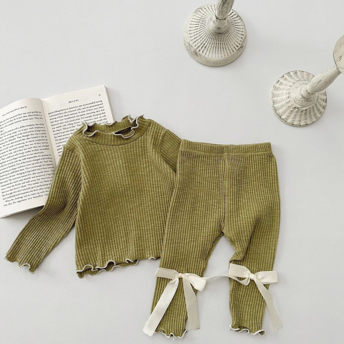 Newborn Baby Long Sleeve Clothes Set Infant Girl Solid Ribbed Tops + Bow Leggings 2pcs Suit Toddler