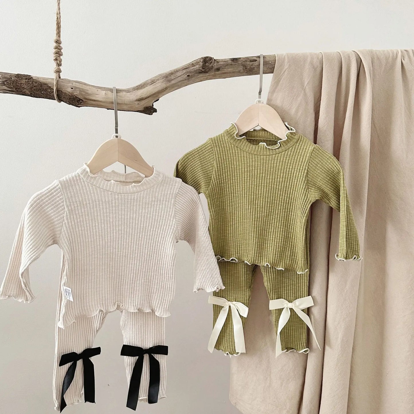 Newborn Baby Long Sleeve Clothes Set Infant Girl Solid Ribbed Tops + Bow Leggings 2pcs Suit Toddler