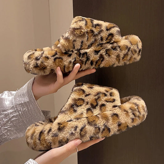 Winter Fluffy Slippers Leopard House Home Fur Slippers For Women Flat