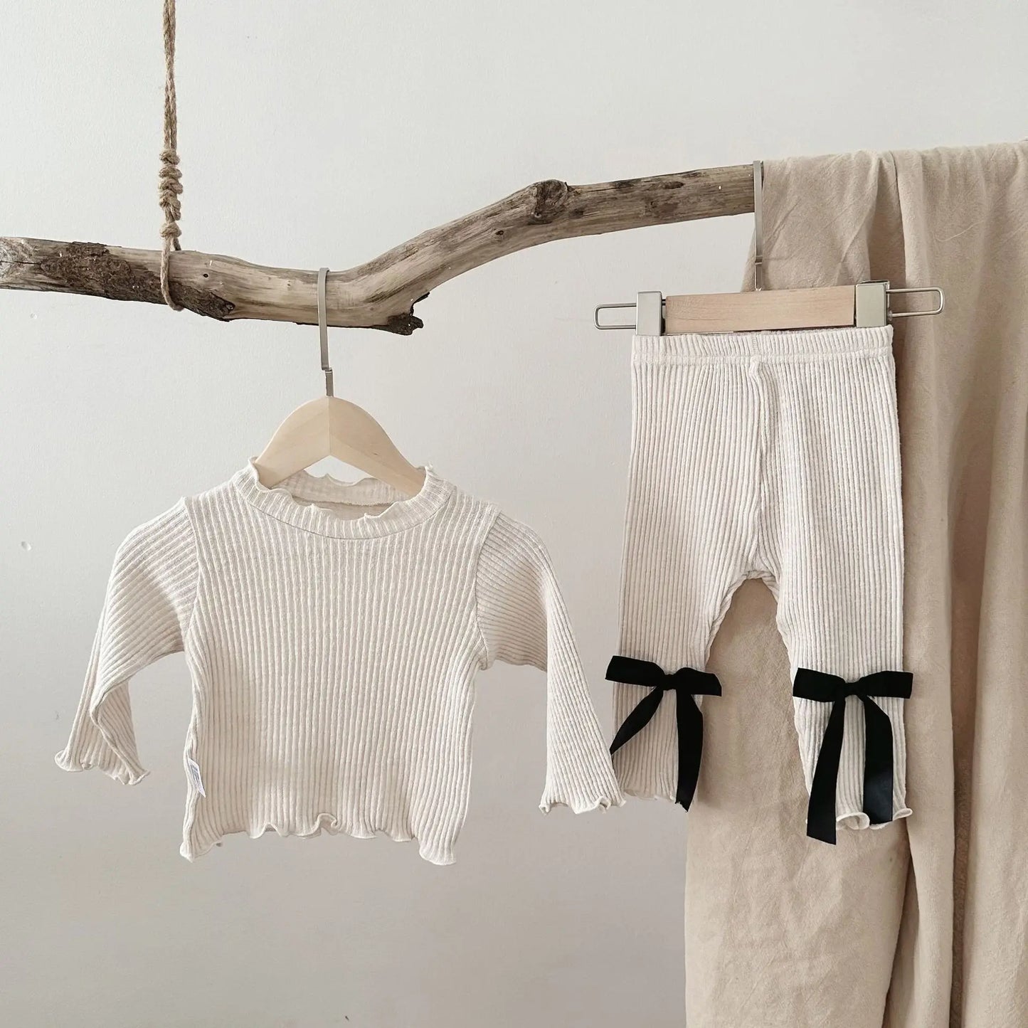 Newborn Baby Long Sleeve Clothes Set Infant Girl Solid Ribbed Tops + Bow Leggings 2pcs Suit Toddler