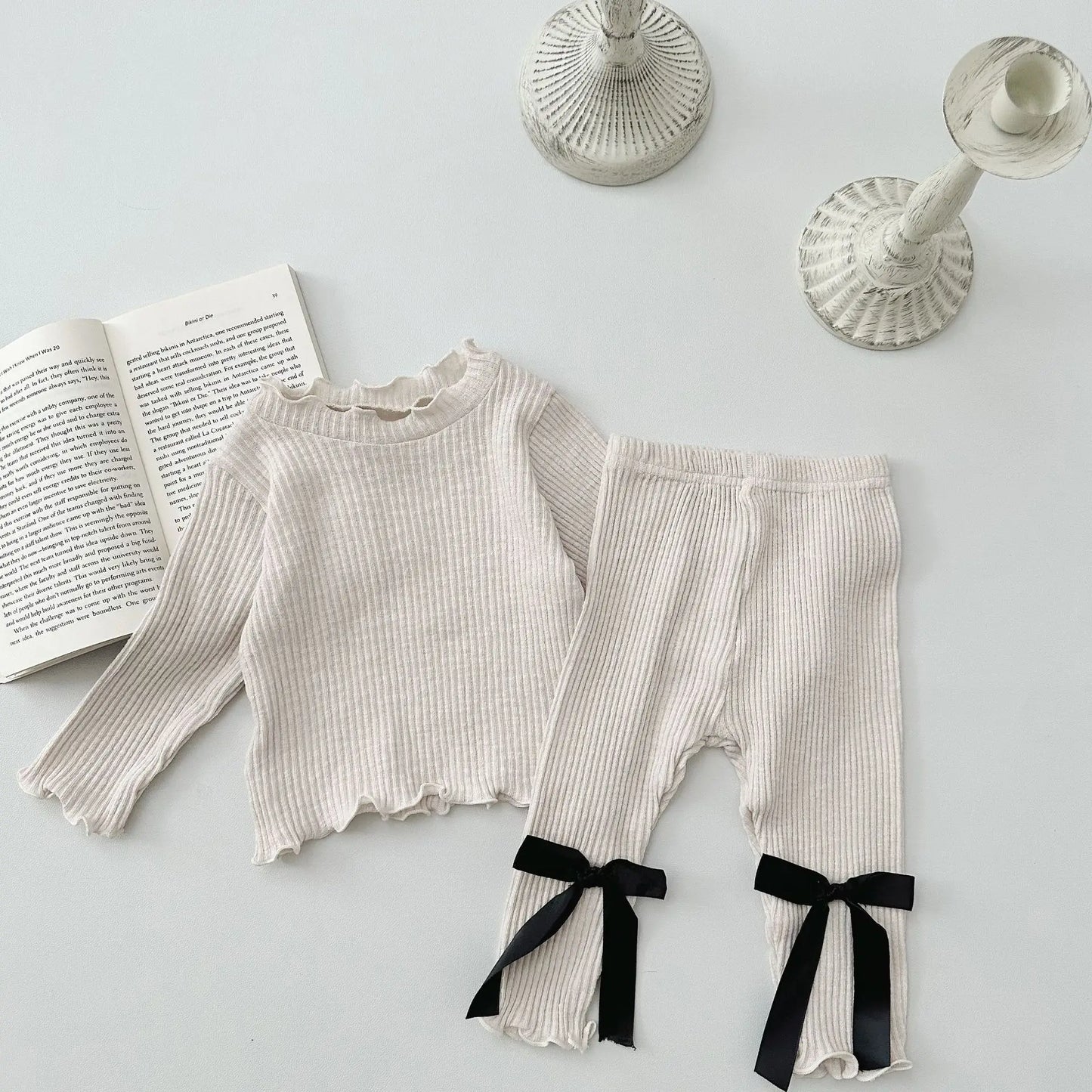 Newborn Baby Long Sleeve Clothes Set Infant Girl Solid Ribbed Tops + Bow Leggings 2pcs Suit Toddler