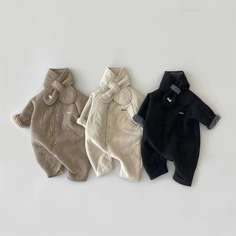 Korean Baby Jumpsuit Scarf Set Autumn Winter Lamb Wool Romper for Boys Girls