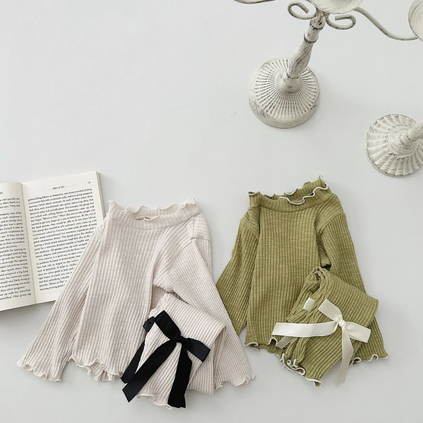 Newborn Baby Long Sleeve Clothes Set Infant Girl Solid Ribbed Tops + Bow Leggings 2pcs Suit Toddler