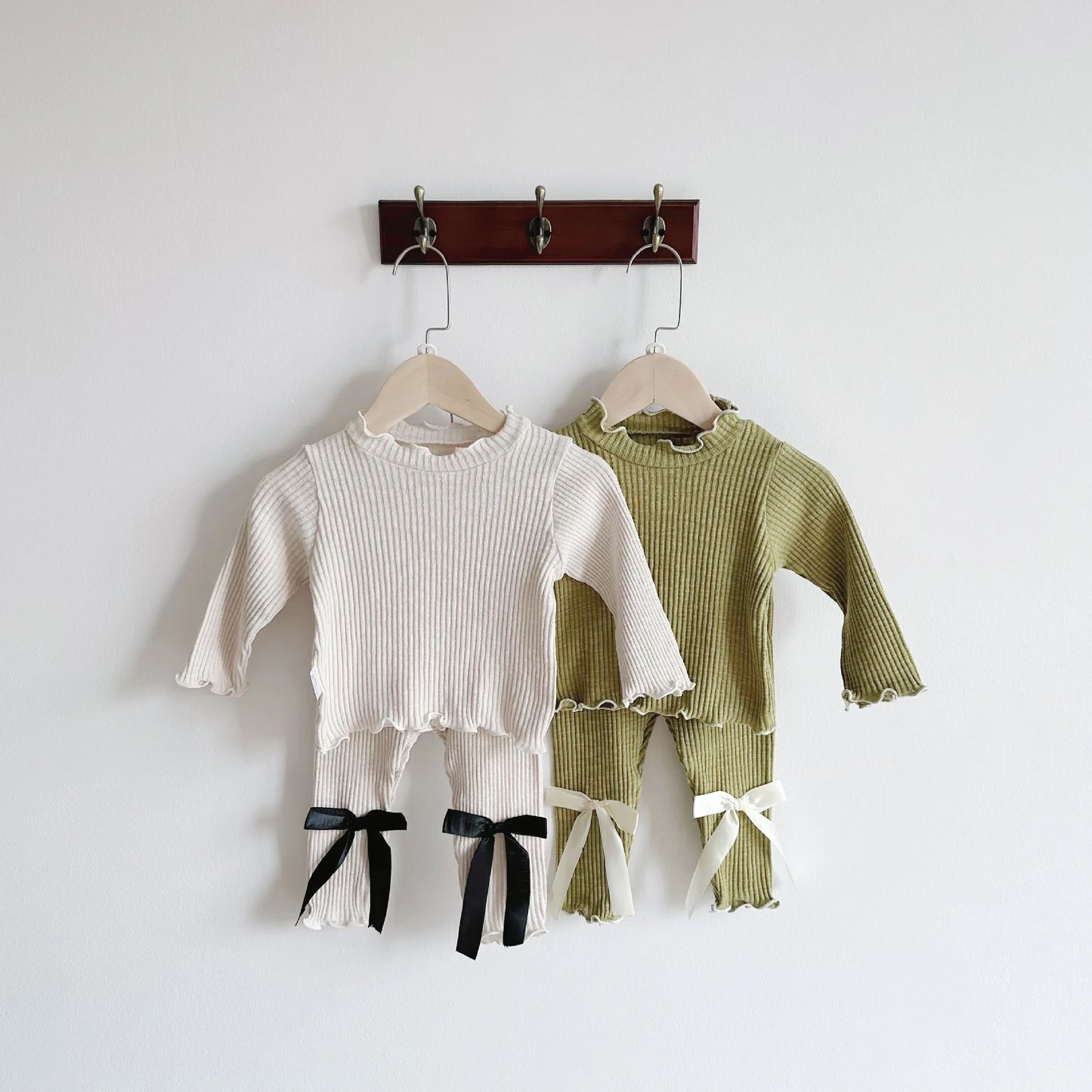 Newborn Baby Long Sleeve Clothes Set Infant Girl Solid Ribbed Tops + Bow Leggings 2pcs Suit Toddler