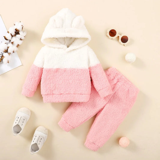 0-2 Years Newborn Baby Girl Fluff Hooded Clothes Set Long Sleeve Hoodie Top + Pant Autumn and Winter Warm Daily