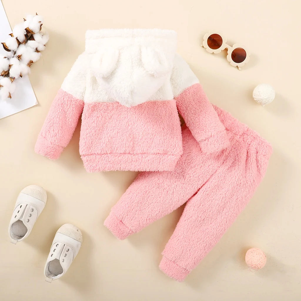 0-2 Years Newborn Baby Girl Fluff Hooded Clothes Set Long Sleeve Hoodie Top + Pant Autumn and Winter Warm Daily