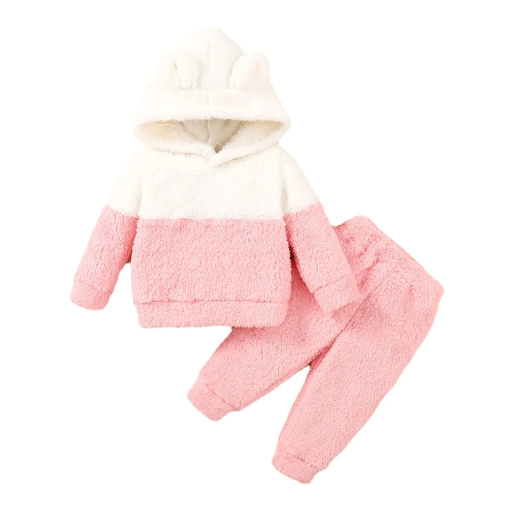 0-2 Years Newborn Baby Girl Fluff Hooded Clothes Set Long Sleeve Hoodie Top + Pant Autumn and Winter Warm Daily