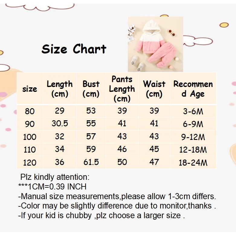 0-2 Years Newborn Baby Girl Fluff Hooded Clothes Set Long Sleeve Hoodie Top + Pant Autumn and Winter Warm Daily