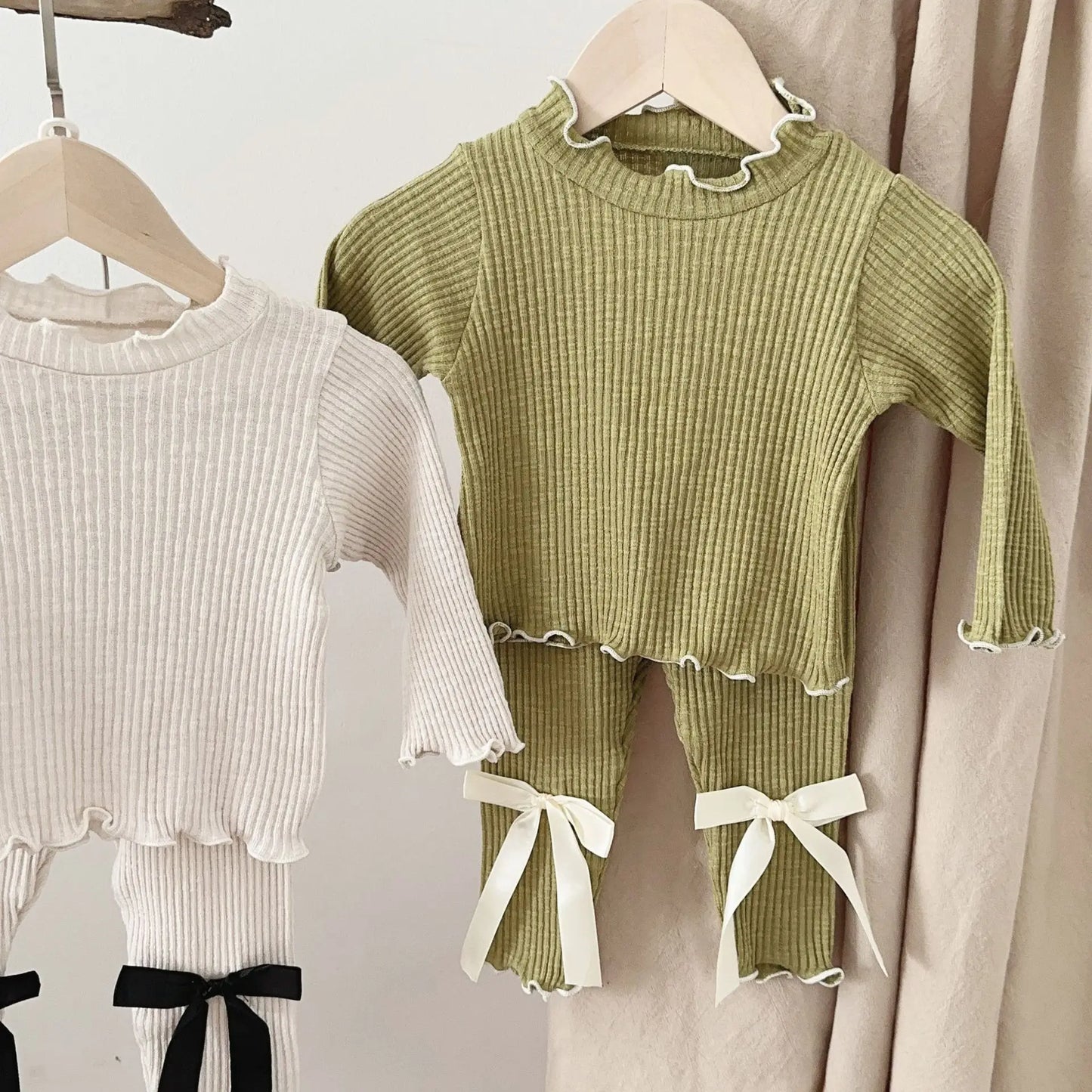 Newborn Baby Long Sleeve Clothes Set Infant Girl Solid Ribbed Tops + Bow Leggings 2pcs Suit Toddler