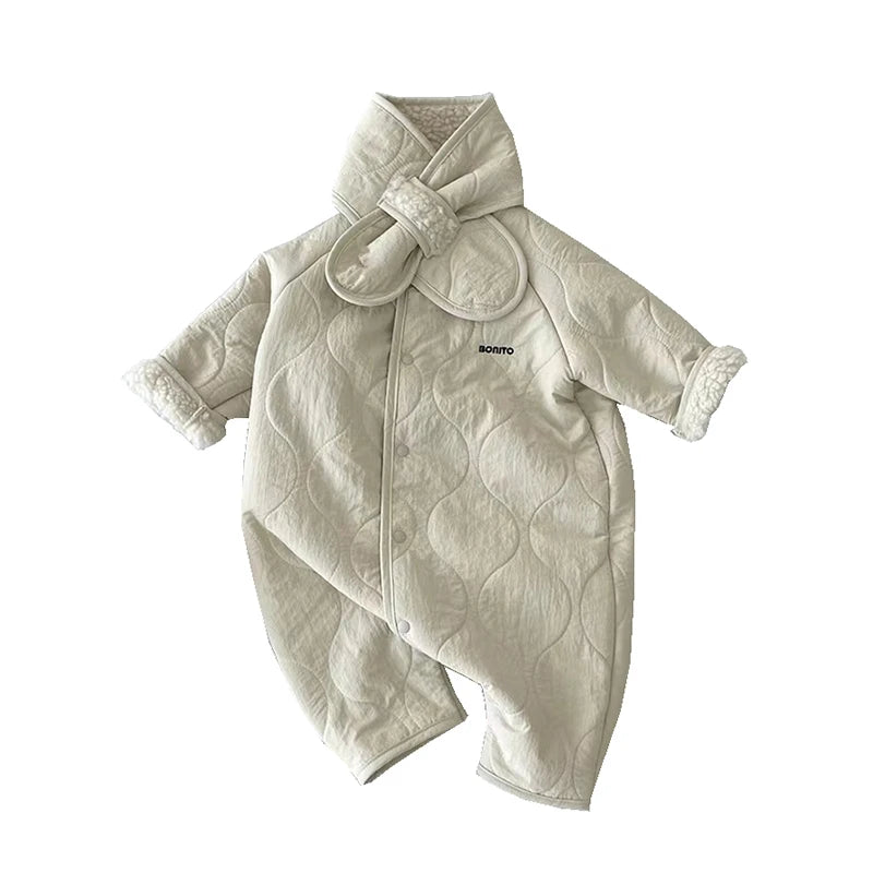 Korean Baby Jumpsuit Scarf Set Autumn Winter Lamb Wool Romper for Boys Girls